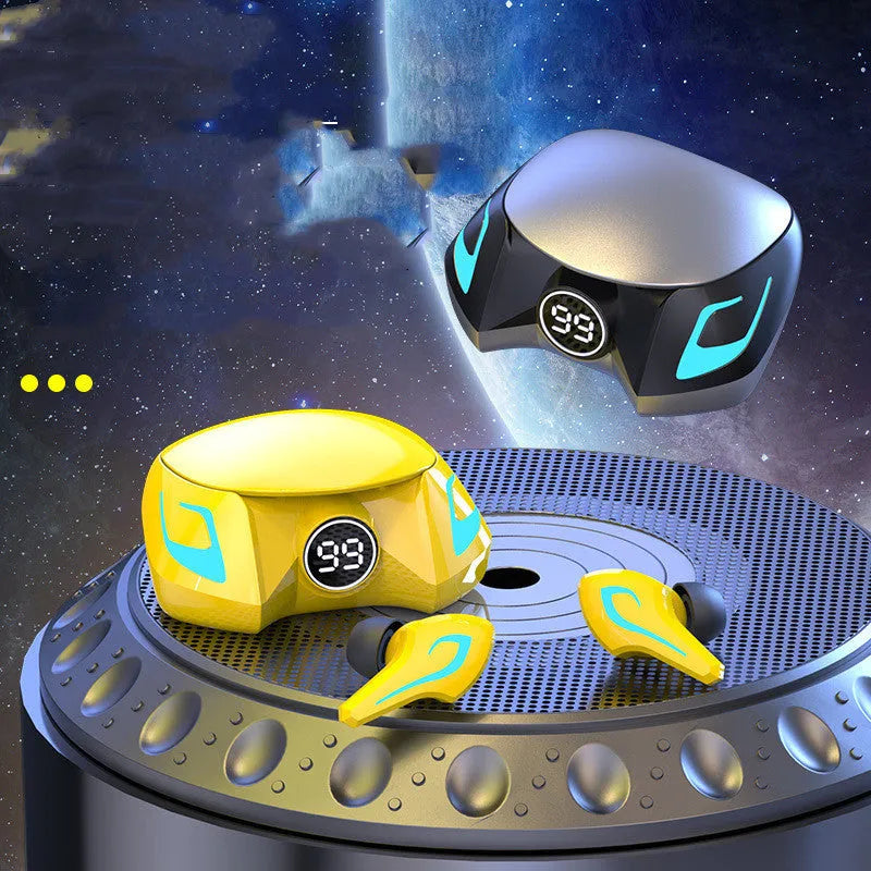 Wireless in-ear Bluetooth gaming headphones in black, dark grey, and yellow colours.
