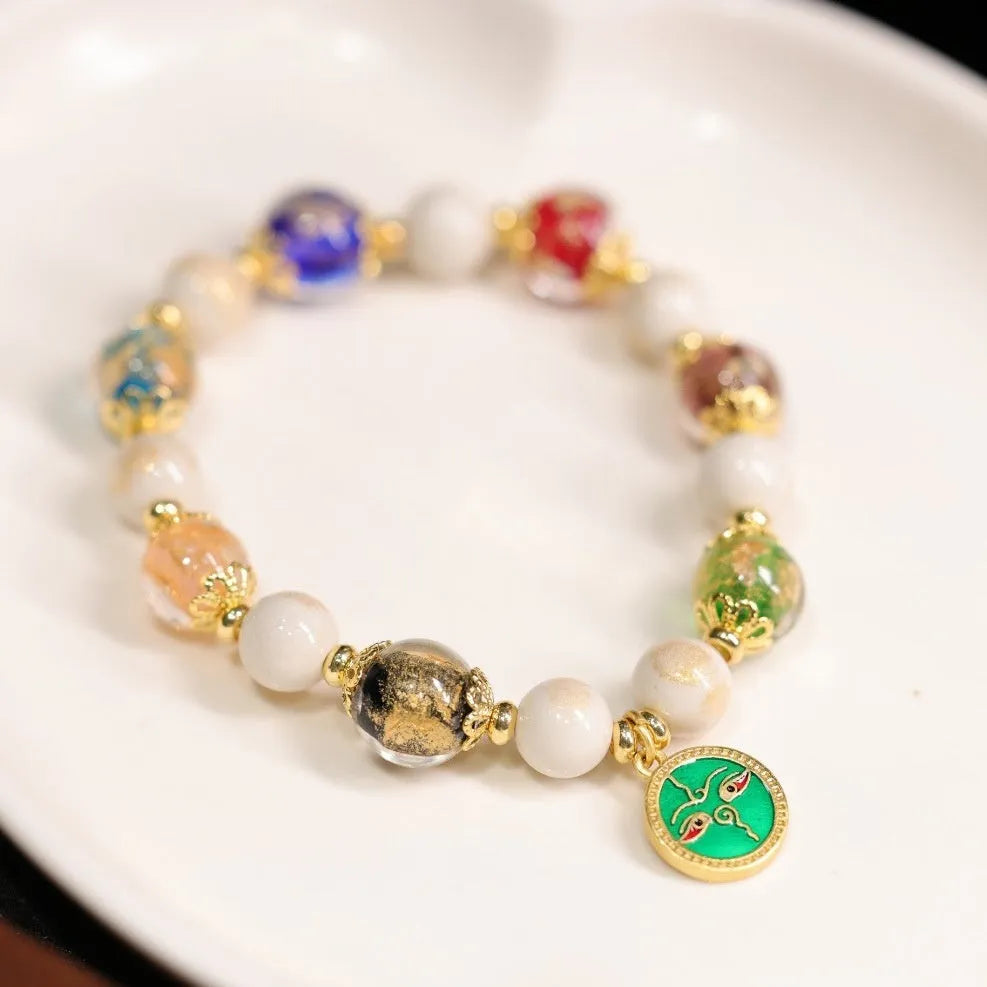 Handmade glass glaze bracelet with Five Gods of Wealth design on 10mm geometric beads.