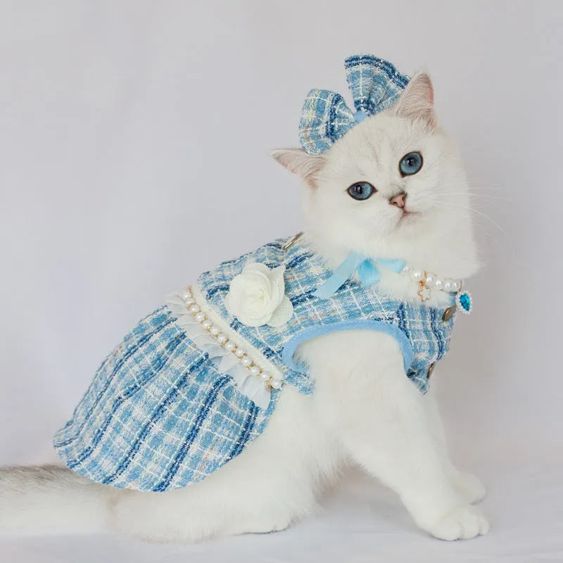 Blue pet skirt with matching headdress and necklace set on a cat, polyester fabric, classic style