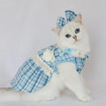 Blue pet skirt with matching headdress and necklace set on a cat, polyester fabric, classic style