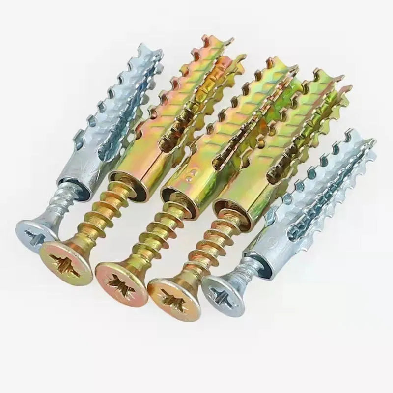 Close-up of metal expansion screw showing barbed serrations and iron construction.