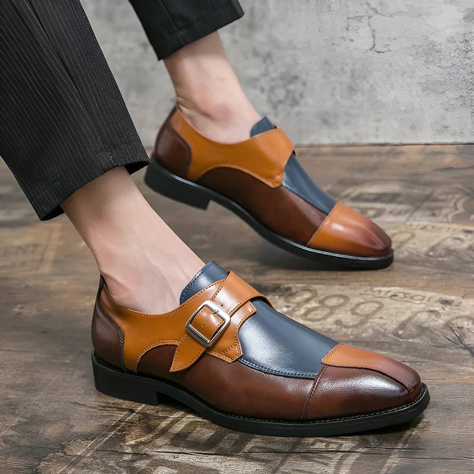 Men's brown blue retro style casual leather shoes with a buckle fastening.