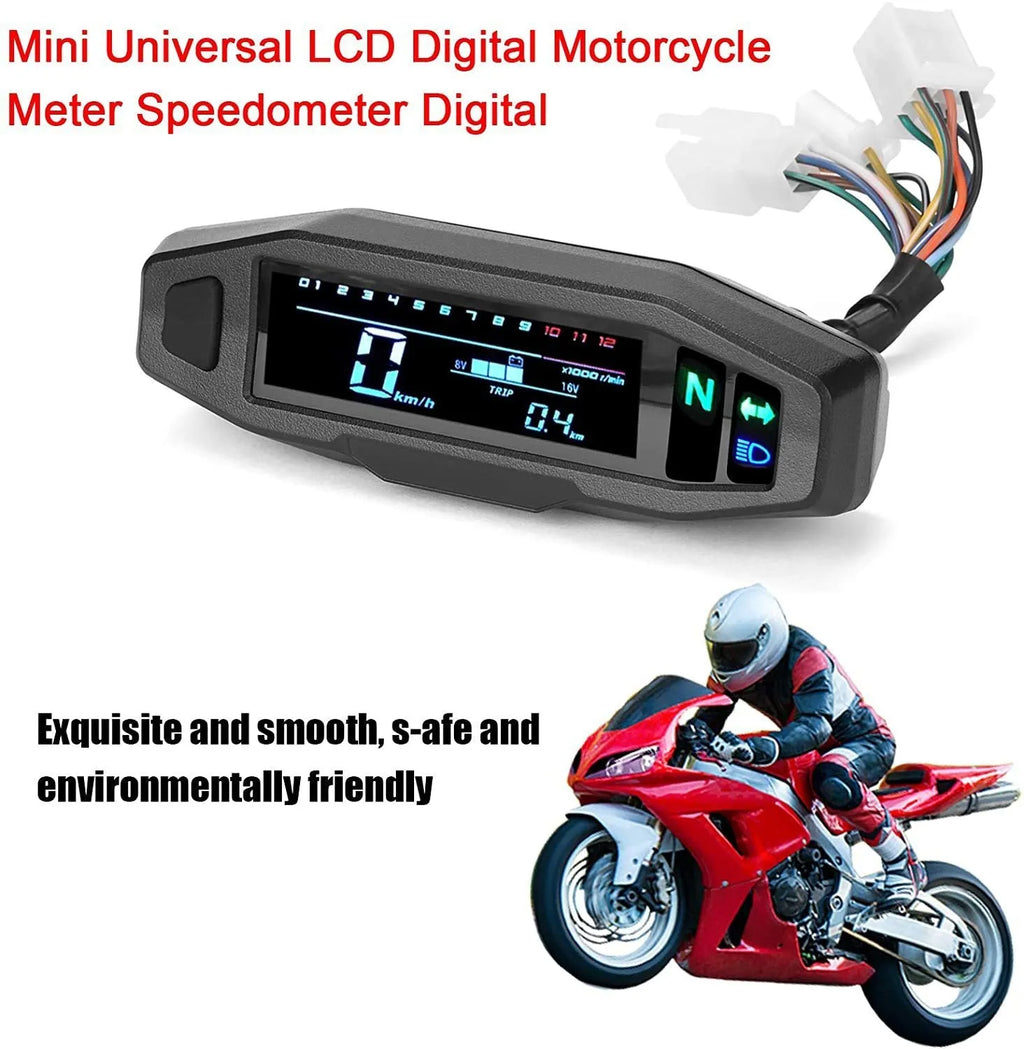 Black motorcycle mini LCD speedometer gauge showing digital readouts for speed, oil level, and RPM