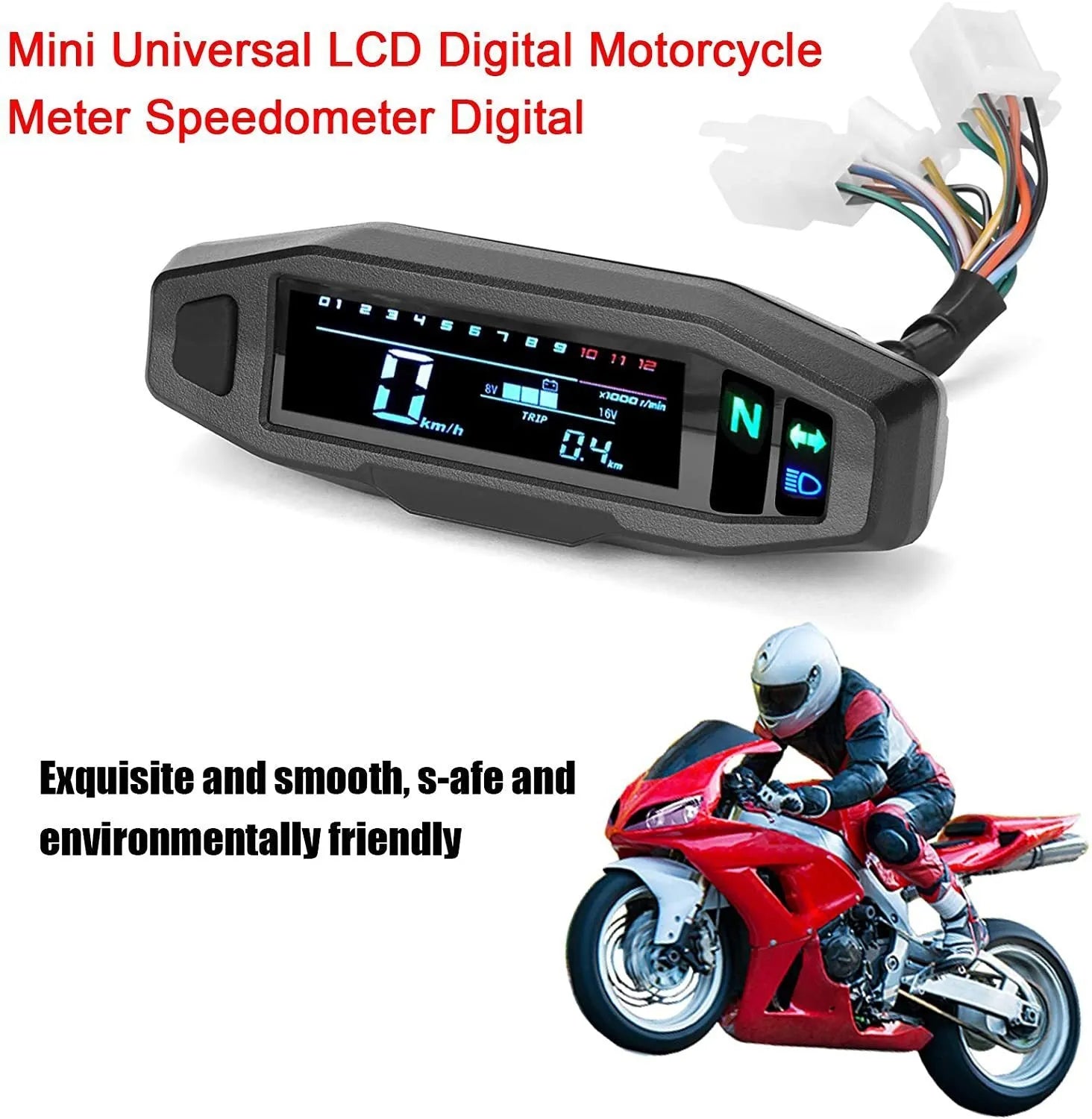 Black motorcycle mini LCD speedometer gauge showing digital readouts for speed, oil level, and RPM