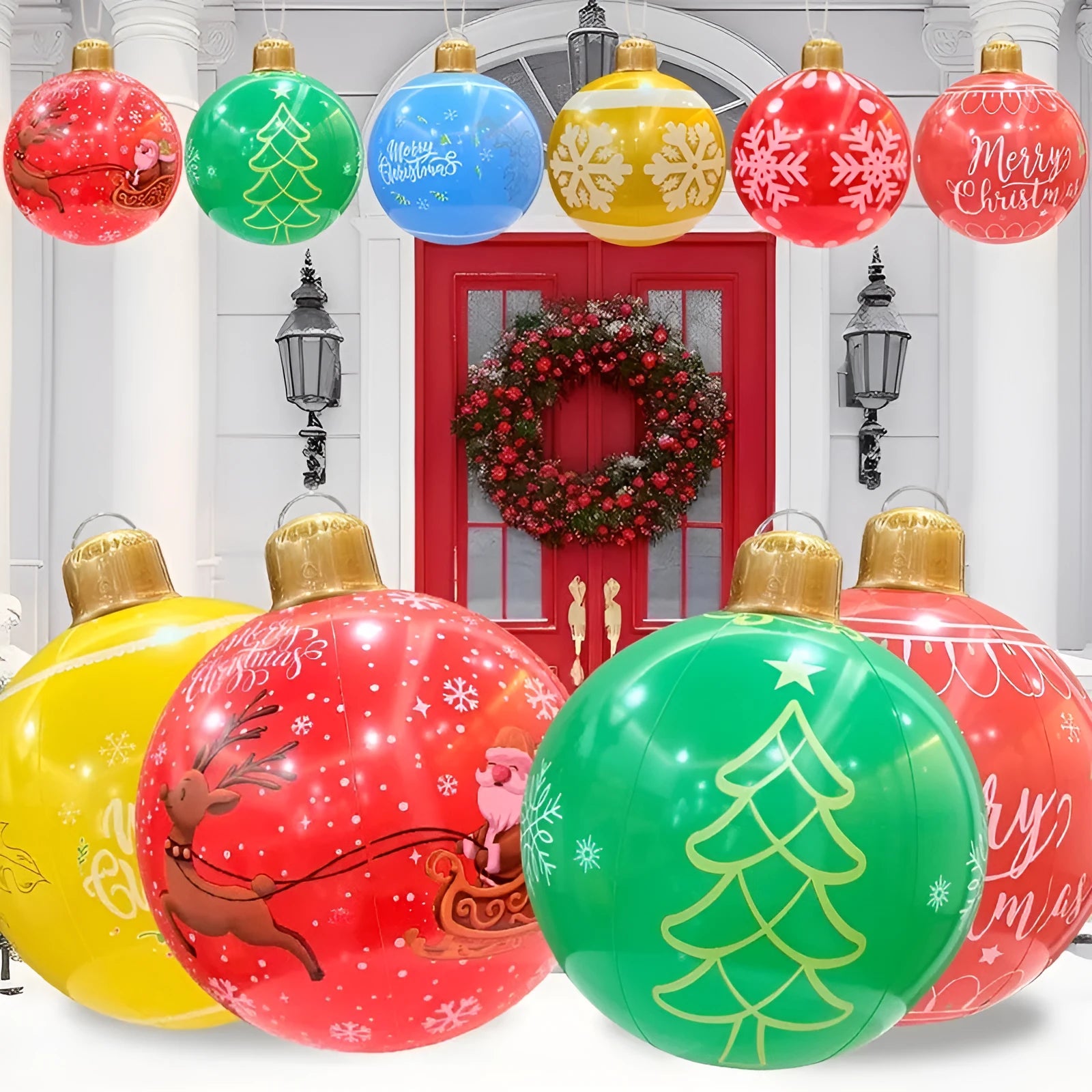 Large red inflatable Christmas ball with flash function displayed on a green garden lawn.