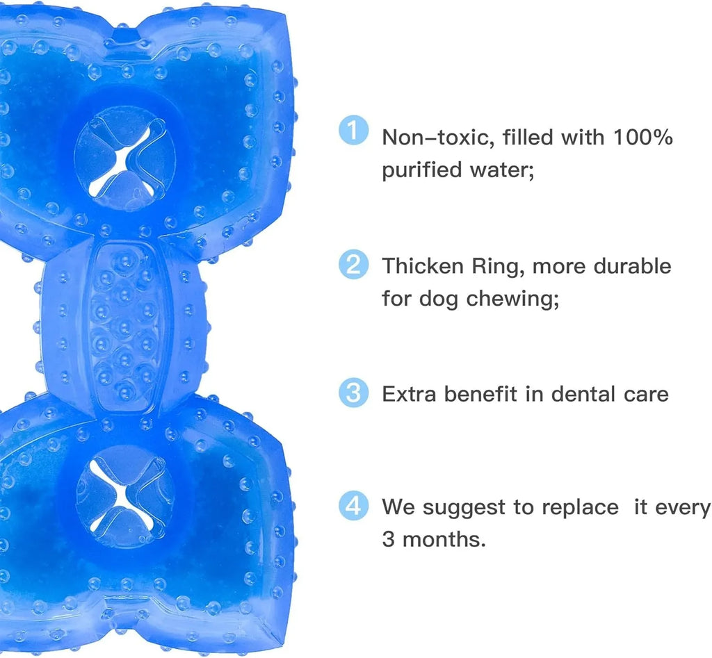 A durable bone-shaped and circle-shaped dog cooling chew toy on a blue background.