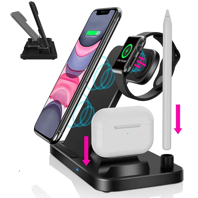Folding 4-in-1 wireless charger showing MagSafe spot, Apple Pencil slot, and charging pad in Space Grey colour.