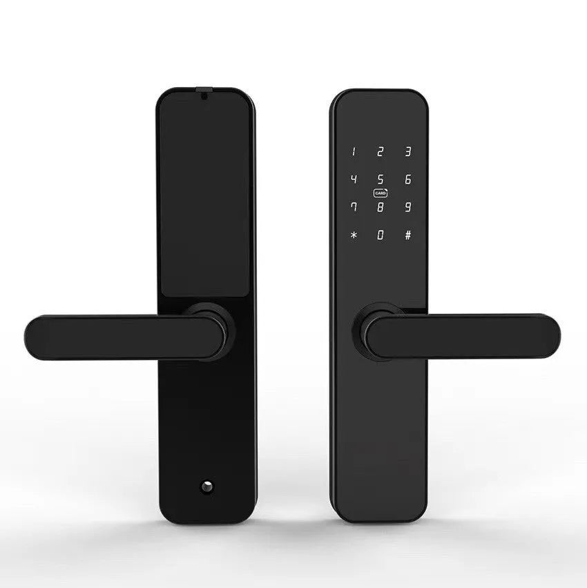 Alloy wooden door fingerprint lock in black finish with fingerprint scanner area visible