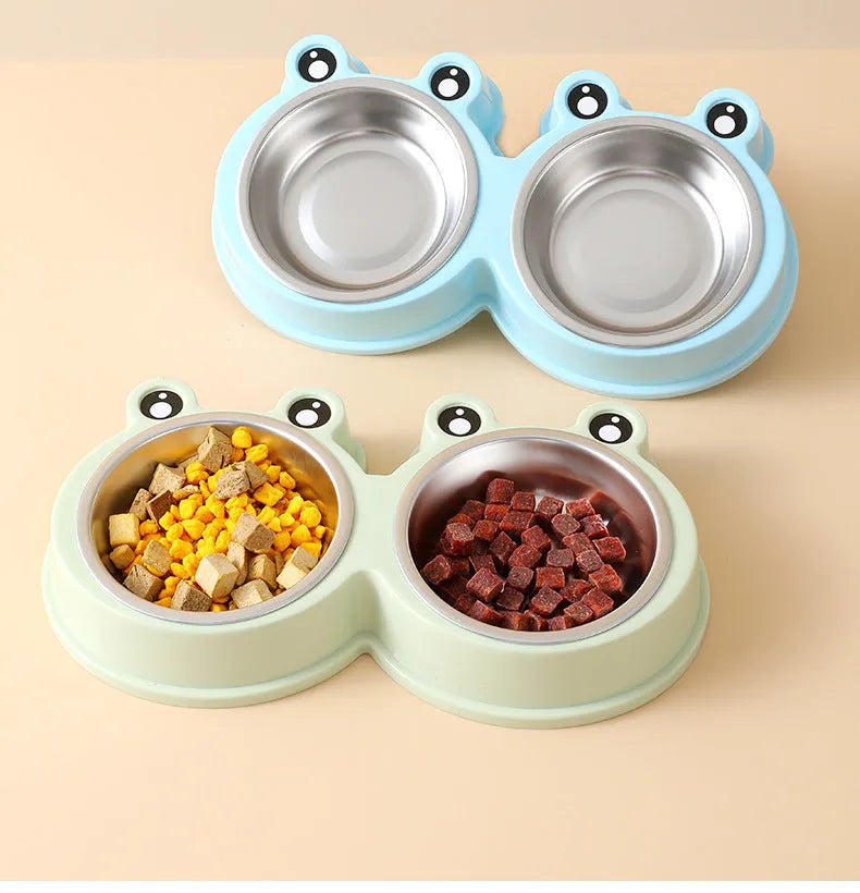 Stainless steel pet double bowl with frog design for separate food and water feeding