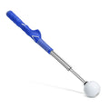 A telescopic golf swing simulator made of stainless steel, shown in black, blue, and red colour options.
