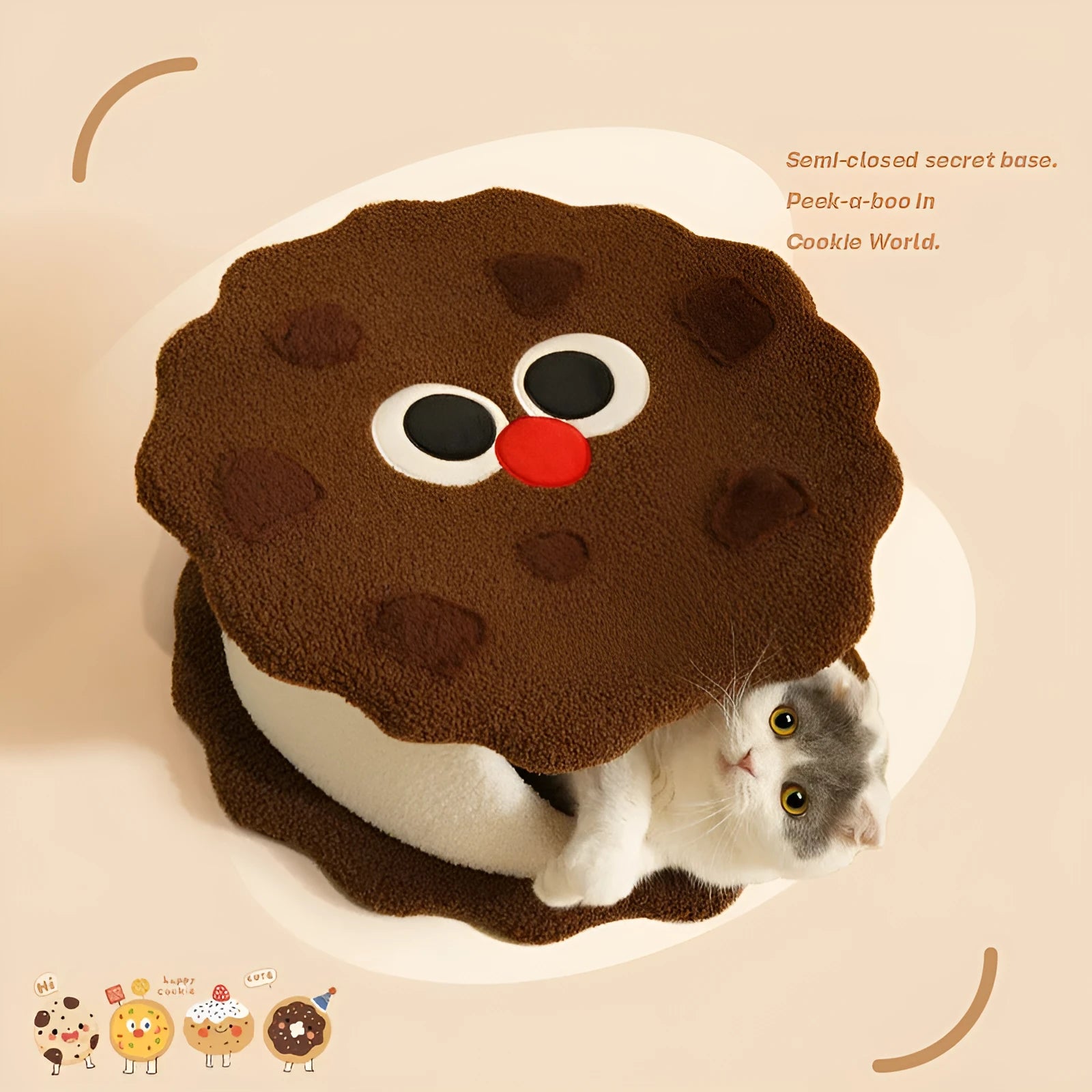 Khaki coloured enclosed cat nest shaped like a sandwich cookie with a circular entry hole.