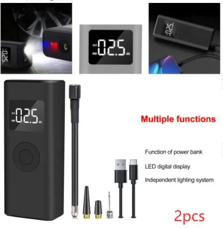 Portable 2500mAh wireless electric air pump with emergency light and USB-A output in black ABS housing