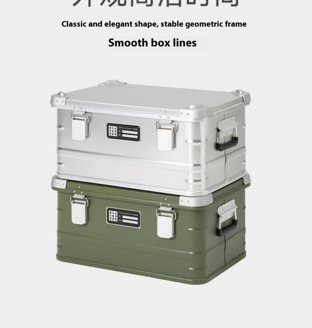 Field green aluminium expandable storage box for camping equipment measuring 58×38×28cm