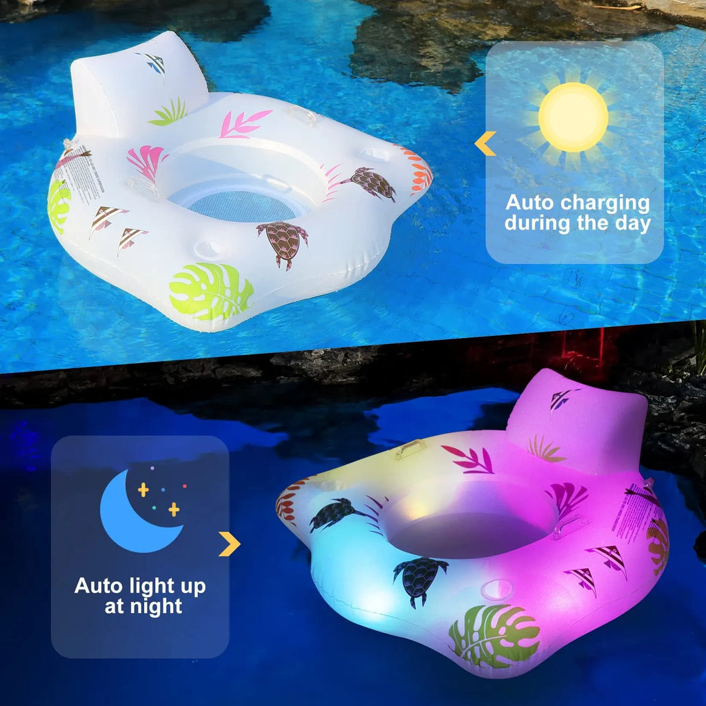 White luminous U-shaped inflatable float on water, showing its seat design and size.