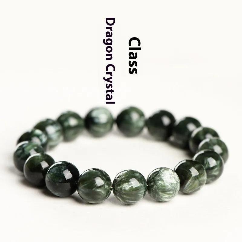 Unisex green dragon crystal bracelet with 8-9mm round beads and a Ruyi charm.