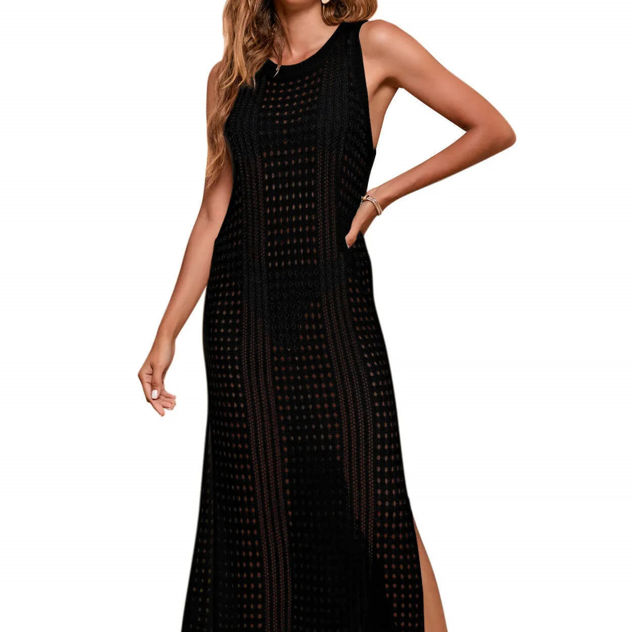 Women's long loose solid colour hollow-out knitted beach blouse with lining.