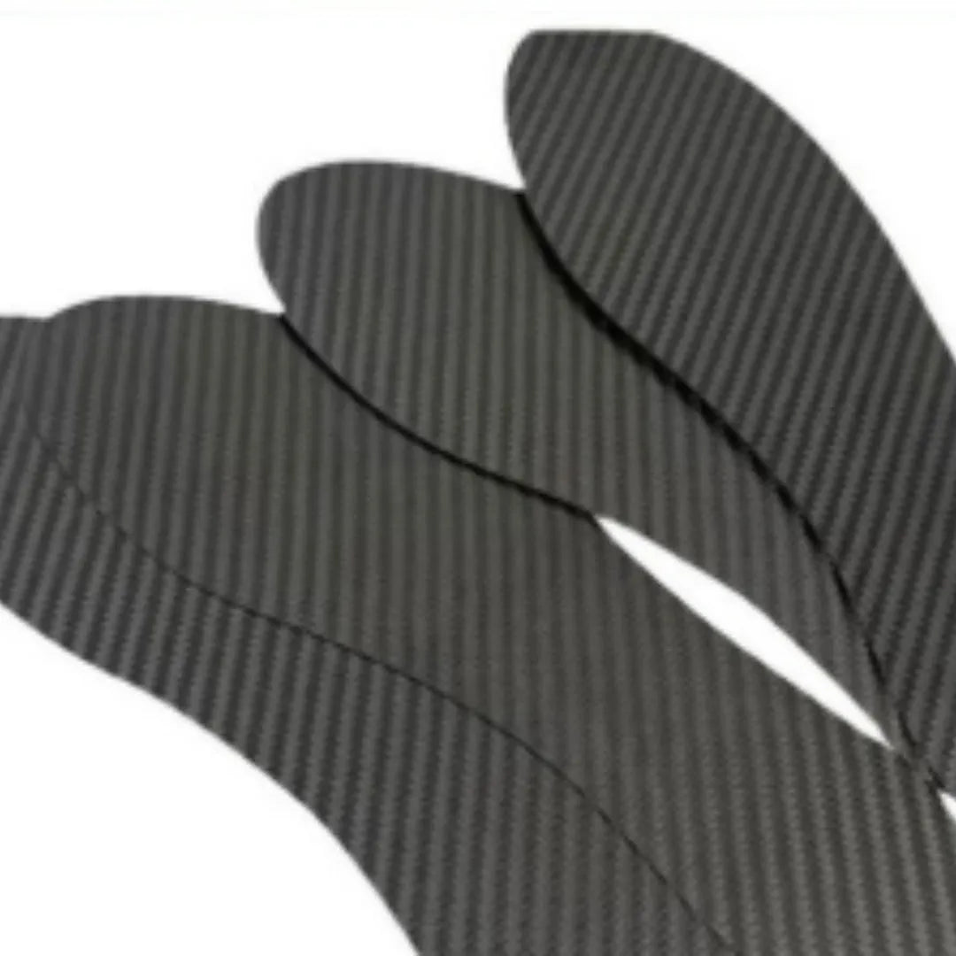 Black 3K carbon fibre running insoles shown from above, highlighting the full palm weave pattern.