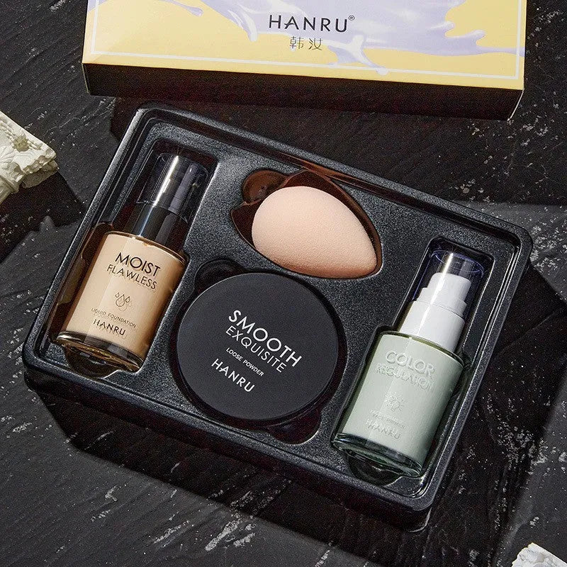 4-piece makeup set with liquid foundation isolation milk loose powder and beauty egg in ivory and green natural and purple colours