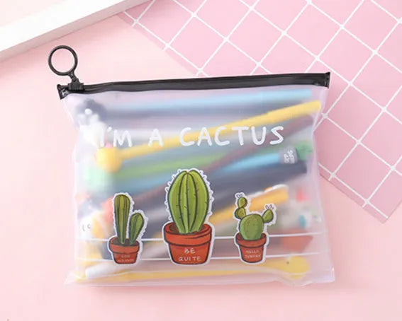 Marvel series cartoon pen set showing cactus design ballpoint pens in plastic storage case