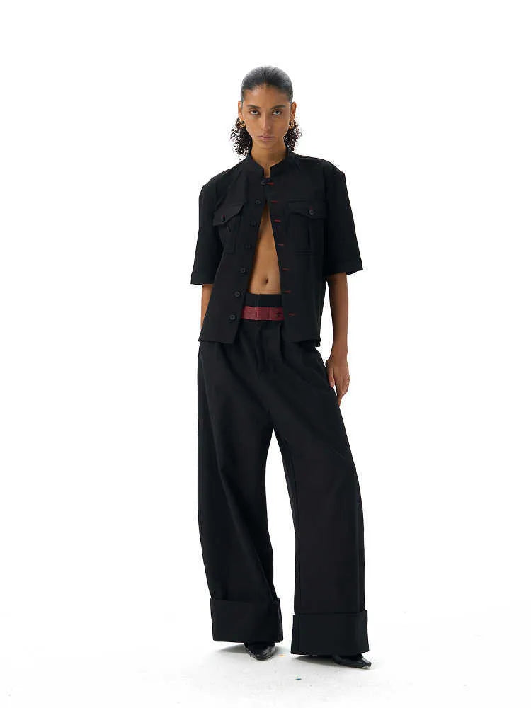 Black handmade men's loose fit half sleeve shirt with a shirt collar.