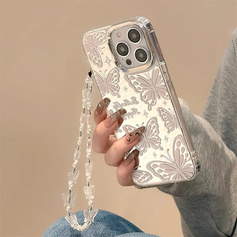 Transparent three-in-one mirror phone case with detachable bracelet strap for Apple iPhone