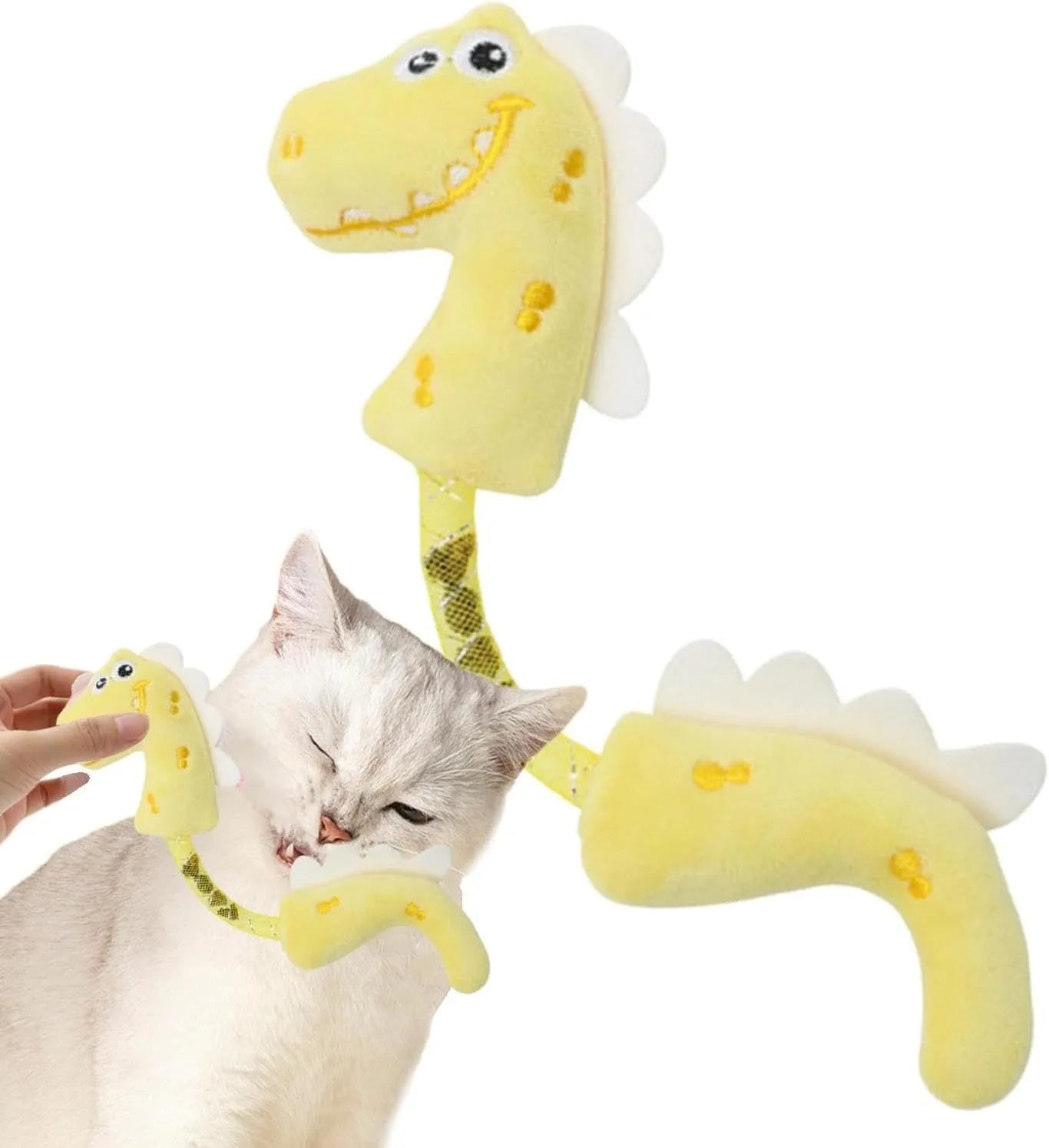 Set of cat toys including plush animals, rope toys, and springs on a pink background