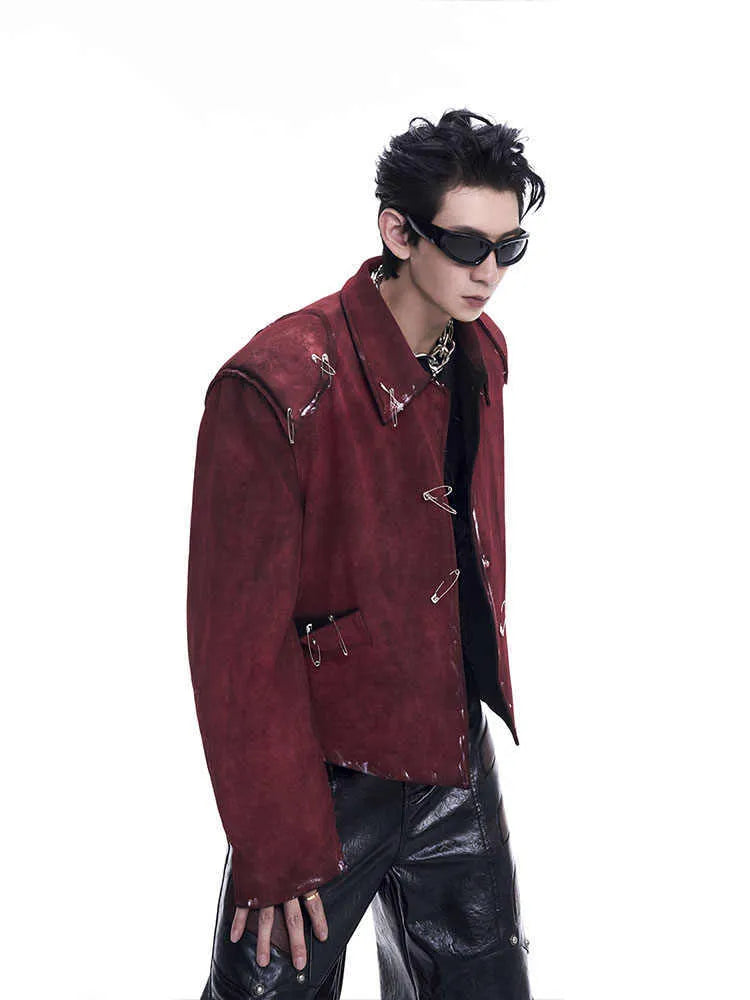 Red men's thick quilted decorative jacket with lapel collar shown in a loose fit style.