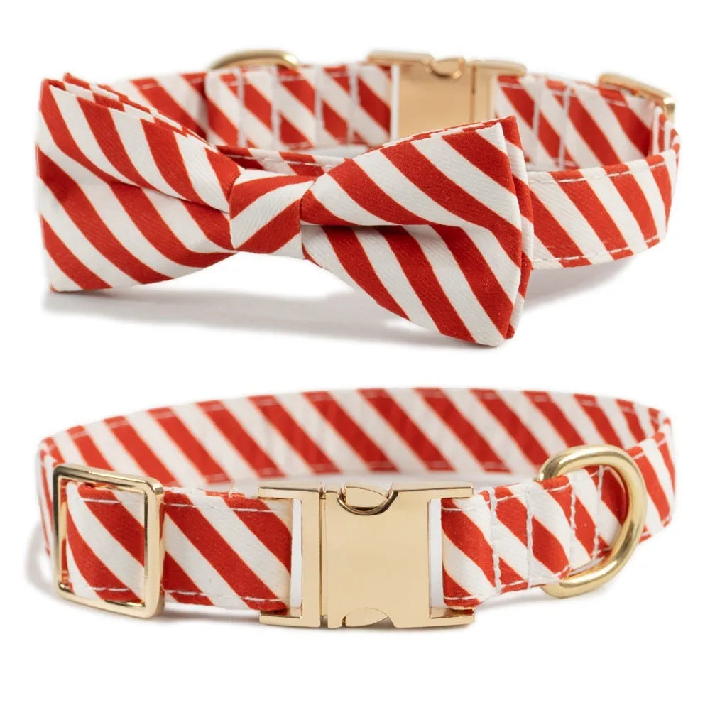 Striped personalised dog collar in Candy Green with engraved lettering area and matching bow knot