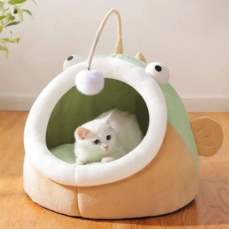 Semi-closed winter pet house in grey deerskin velvet showing lantern fish design with cat inside