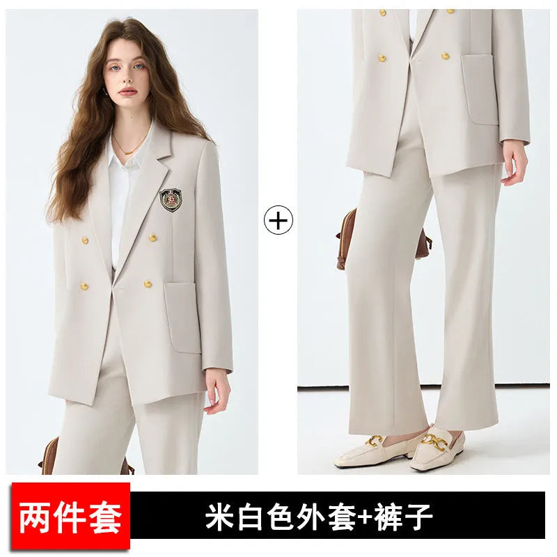 Women's black casual blazer set with long sleeves, solid colour polyester fabric, and matching trousers