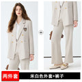 Women's black casual blazer set with long sleeves, solid colour polyester fabric, and matching trousers