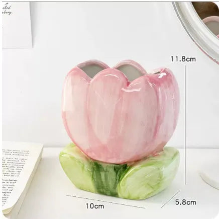 Ceramic flower pen holder storage box with tulip design for desktop organisation