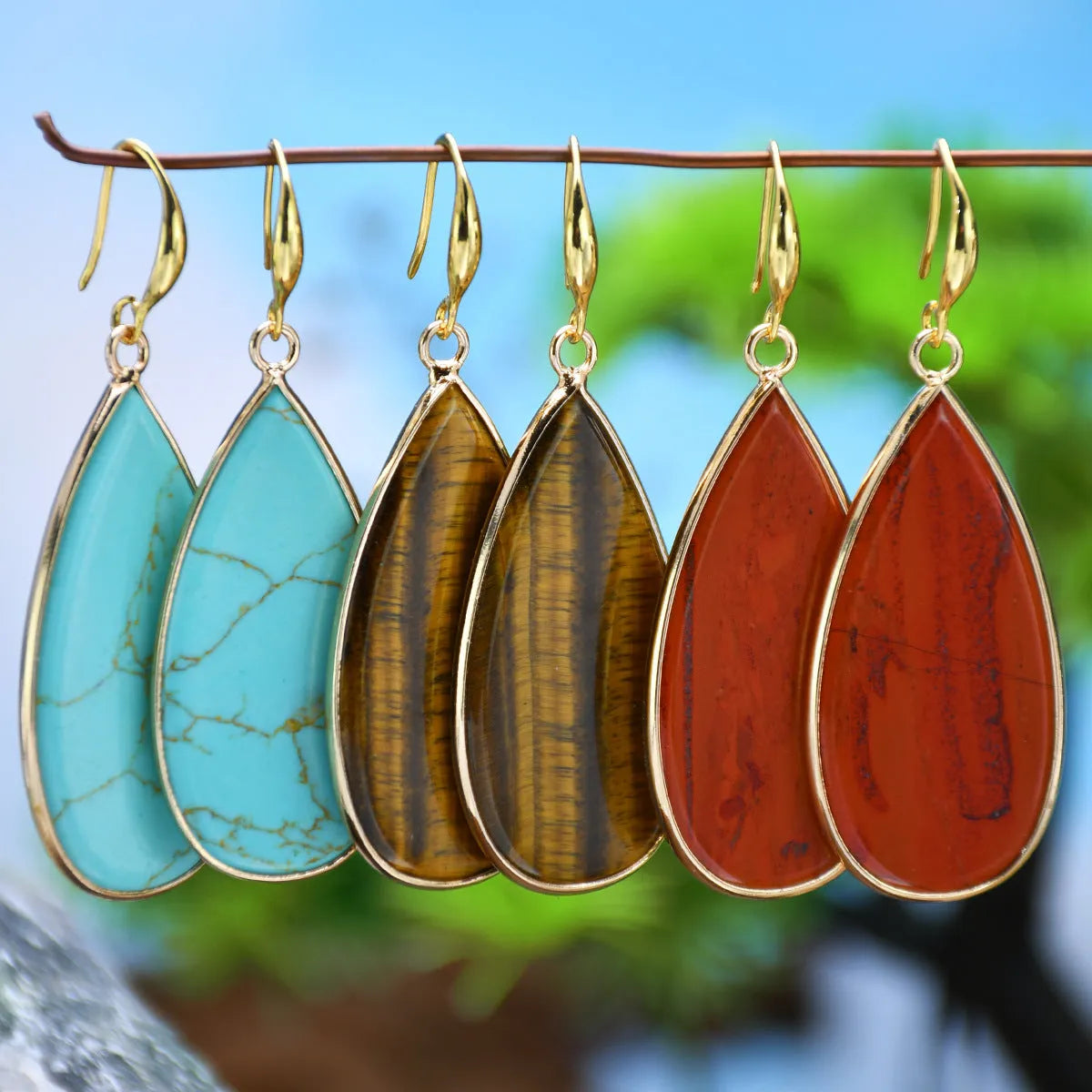 Vintage long water drop earrings with handmade stone construction in tigereye colour