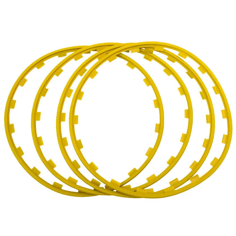 Set of four nylon wheel hub protection rings in multiple colours and sizes