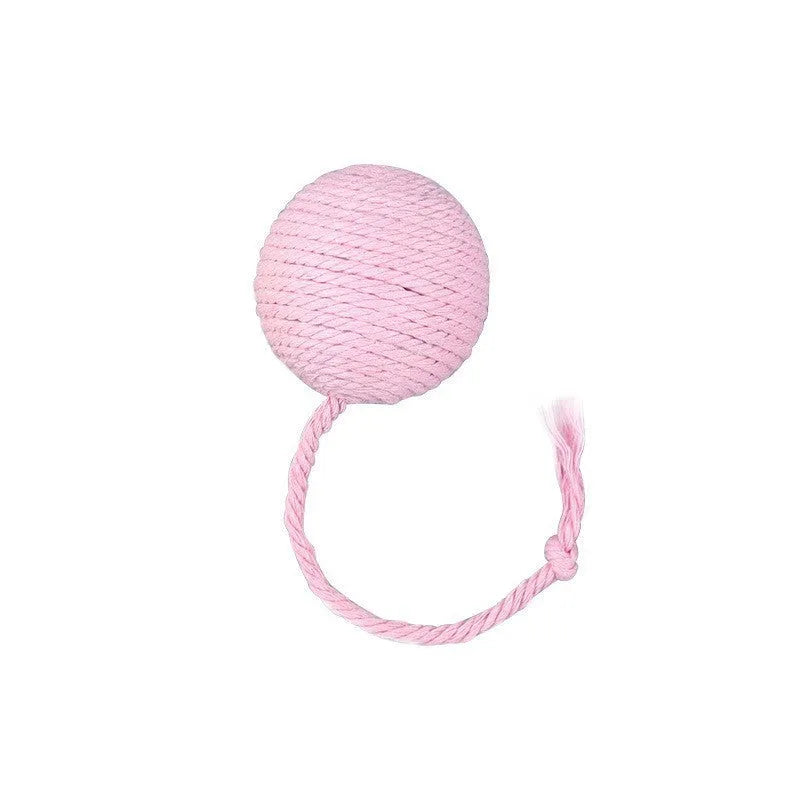 Cat toy ball with attached rope in green, pink, purple or yellow colours showing 3cm and 6cm size options