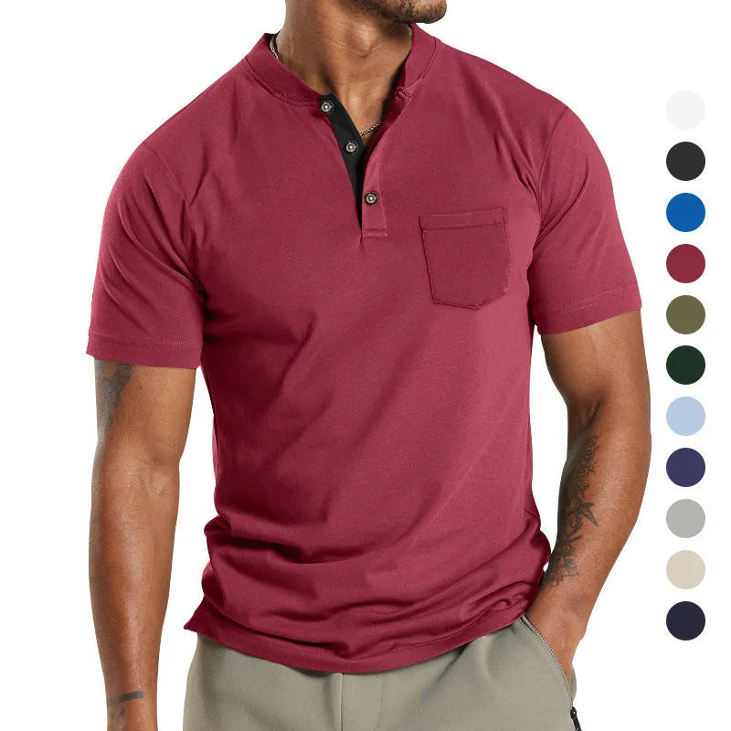 Men's plus size short sleeve button-down shirt with chest pocket in solid colour