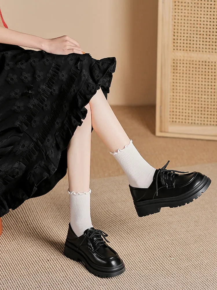 Deep cut thick heel lace-up shoes for women in apricot colour with 5cm heel and superfine fibre upper
