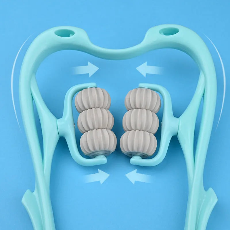 Swan-shaped six-wheel manual neck massager in blue with natural crystal jade scraping board
