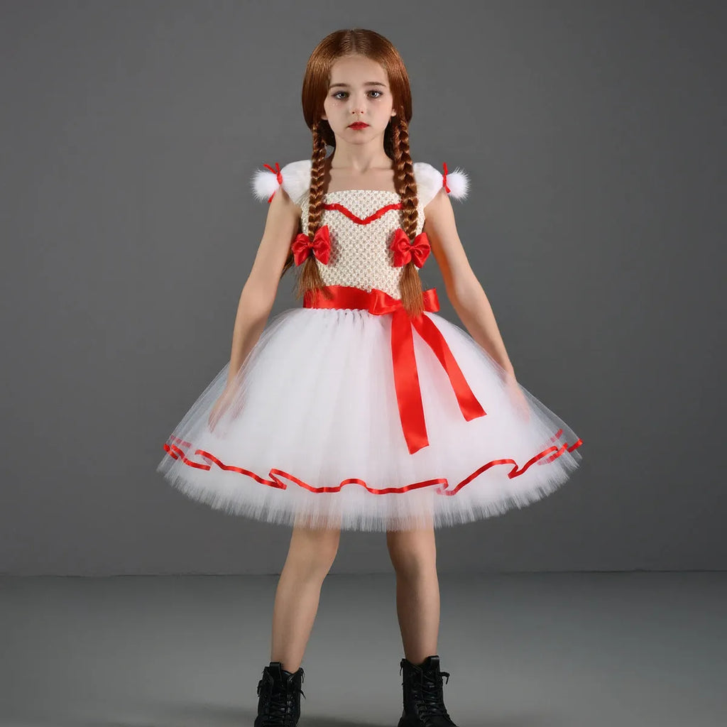 Children's Halloween Costume Dress Ghost Doll White Cosplay Skirt Princess Dress with Bow Hair Clips for Girls Ages 2-12 Years Nylon and Polyester Fabric Sizes S to XXL Solid Colour European and American Style