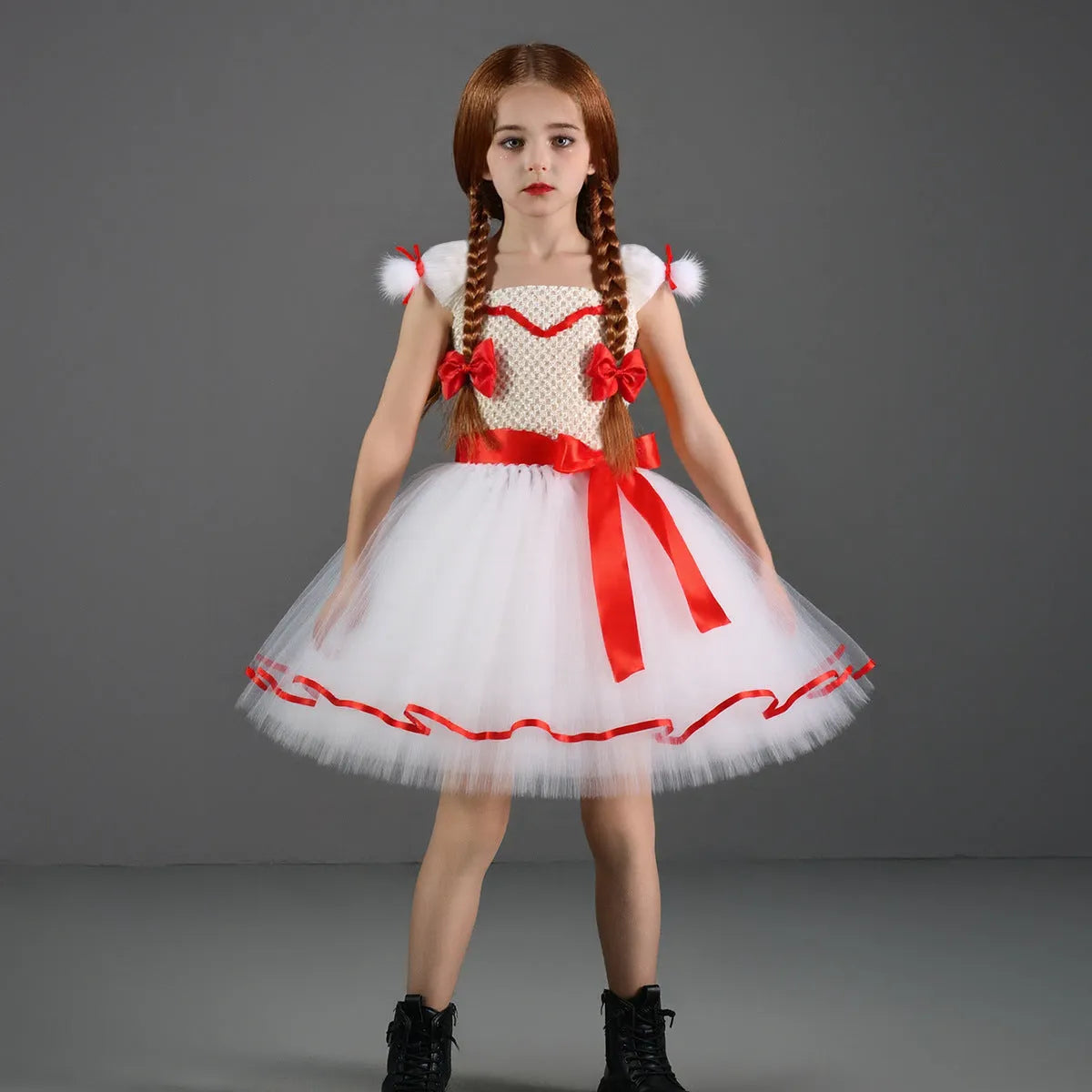 Children's Halloween Costume Dress Ghost Doll White Cosplay Skirt Princess Dress with Bow Hair Clips for Girls Ages 2-12 Years Nylon and Polyester Fabric Sizes S to XXL Solid Colour European and American Style