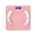 Smart Bluetooth body fat scale in white, black or pink colours with display showing body composition metrics