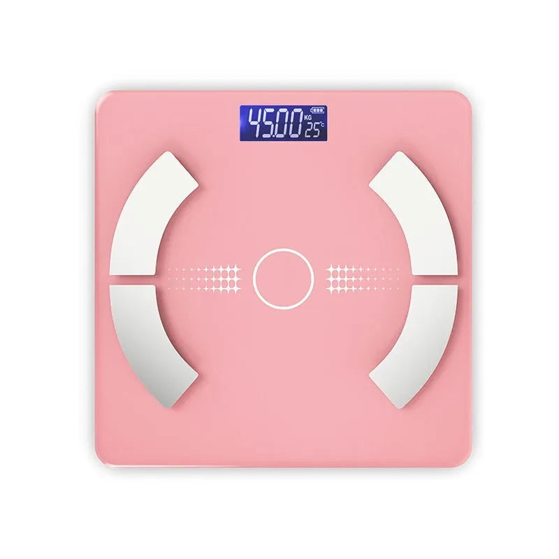 Smart Bluetooth body fat scale in white, black or pink colours with display showing body composition metrics