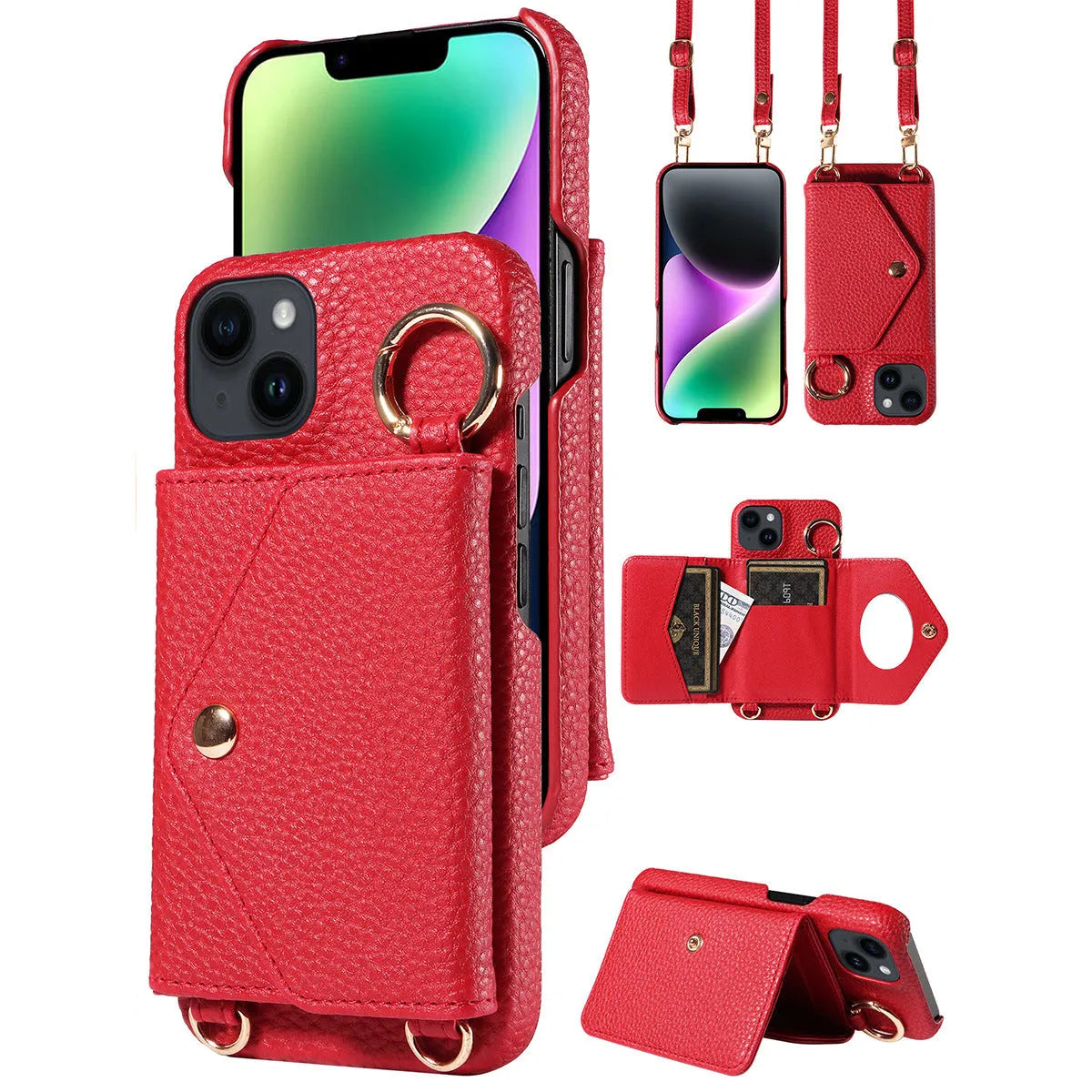 Wallet style mobile phone case with bracket in black imitation leather for iPhone 14 Pro Max
