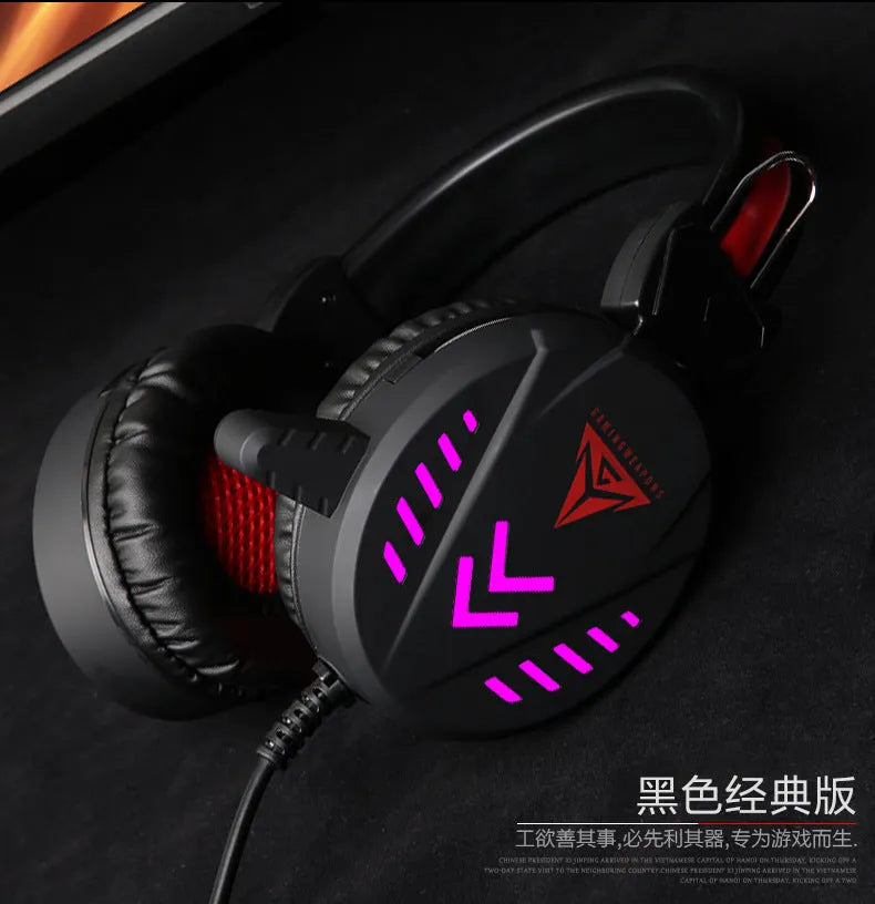 Black luminous wired gaming headset with microphone and 50mm driver for PC