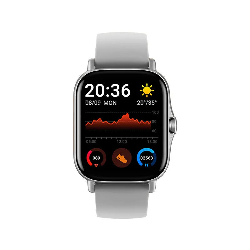 GT20 smartwatch with black silicone wristband and 1.75-inch touch screen displaying health metrics