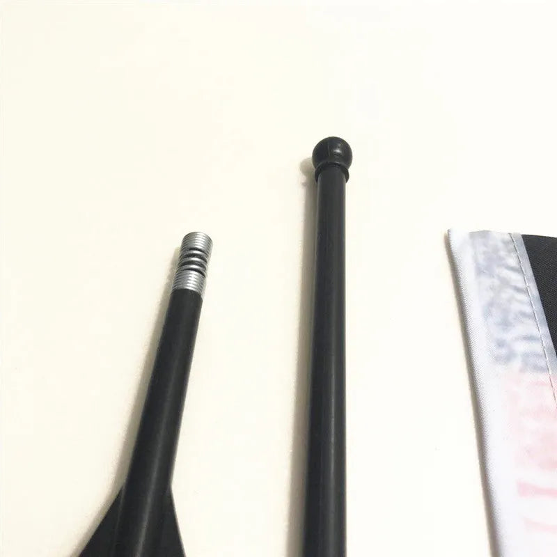 A square polyester car flag on a plastic pole designed for handlebar mounting.