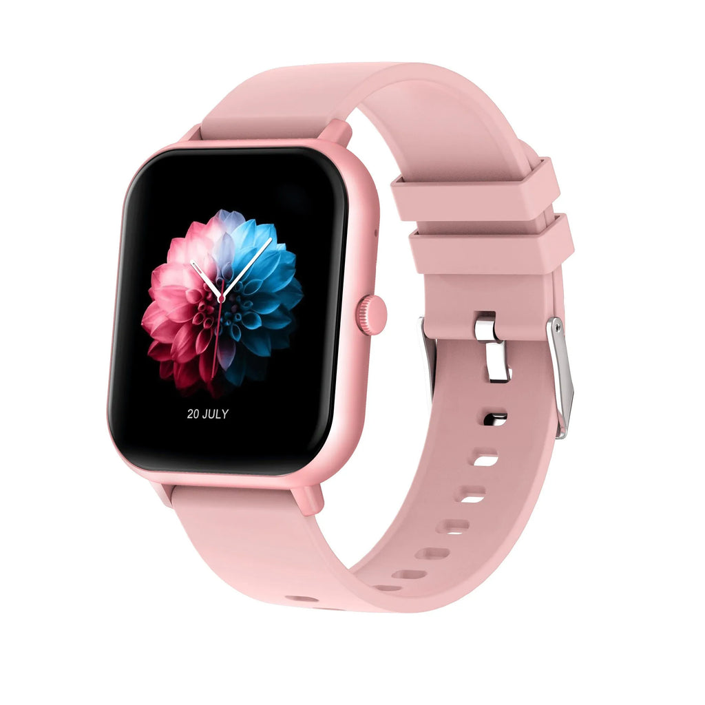 Bluetooth smart watch with touch screen displayed in black, silver grey, pink, and khaki colour options.