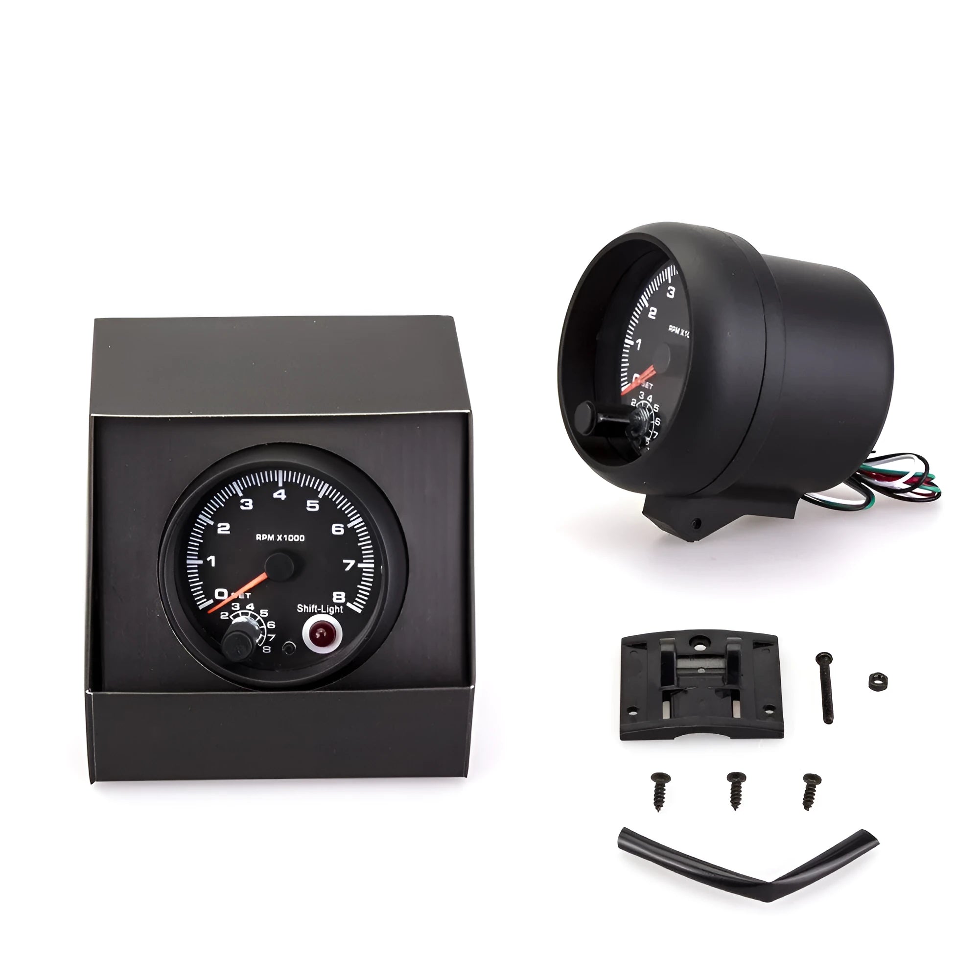 Black plastic automotive tachometer with blue light pointer display for engine speed measurement