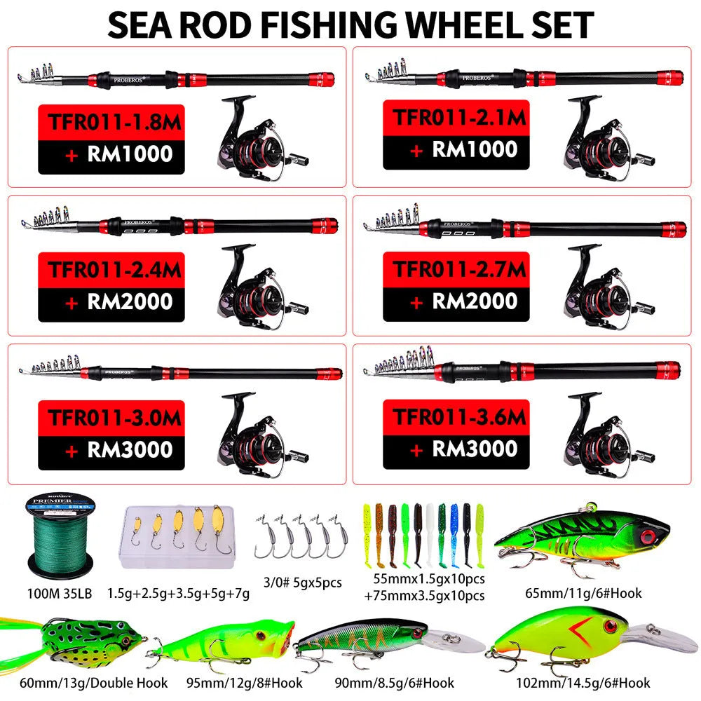 Long cast fishing rod and reel combo set with PE line, assorted soft baits, hard lures and storage bag in red