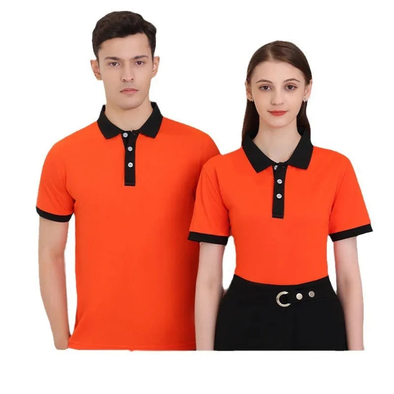 Lapel style T-shirt for men and women in a viscose polyester blend, shown in multiple colours.